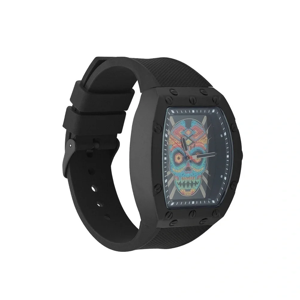 Ed Hardy Men’s Skull Print Dial Matte Black Silicone Strap Analog Watch …